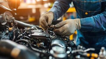 A mechanic working on an engine, adjusting components with precision and care photo