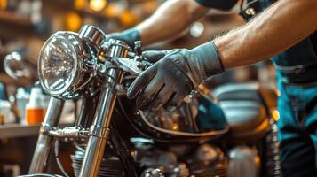 A mechanic adjusts the handlebars of a motorcycle in a workshop setting photo