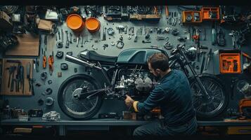 A mechanic working on a motorcycle in a well-equipped workshop filled with tools photo