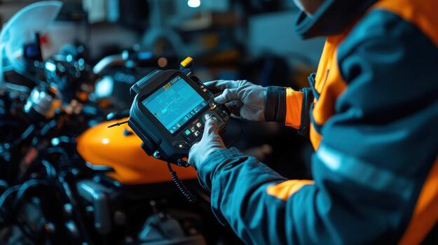 A technician using a diagnostic tool on a motorcycle in a workshop setting photo