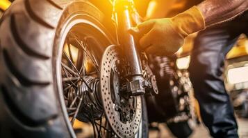 A mechanic working on a motorcycle wheel in a workshop, focusing on maintenance photo
