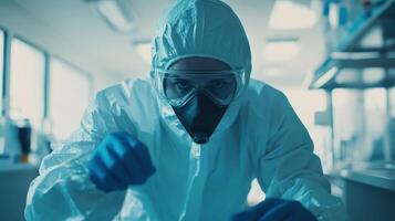 A masked scientist in protective gear working in a laboratory setting photo