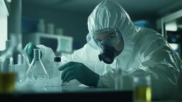Scientist in protective gear conducts experiments in a laboratory setting photo