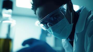 A scientist in a lab, wearing protective gear and examining a sample under a microscope photo
