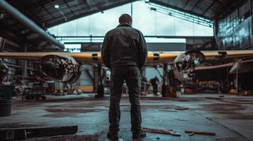 A person stands in an aircraft hangar, observing a plane being worked on photo