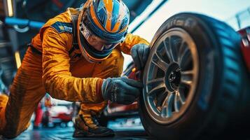 A race car mechanic works on a tire in a pit stop, showcasing precision and teamwork photo