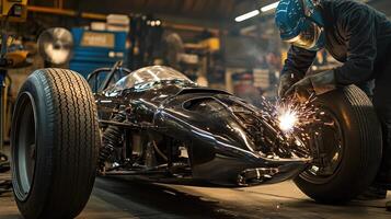 A mechanic welds a vintage race car in a workshop, showcasing craftsmanship and precision photo