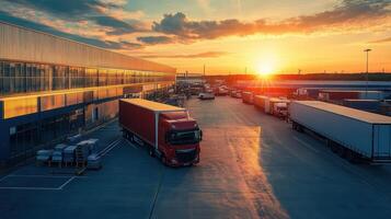 A sunset view of a busy logistics hub with trucks and warehouses photo