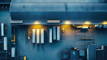 Aerial view of a logistics hub with trucks and loading docks at dusk photo