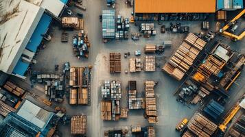 Aerial view of a busy industrial yard filled with stacked materials and equipment photo