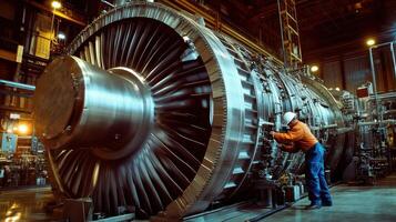A technician inspects a large industrial gas turbine in a manufacturing facility photo