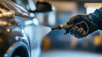 A person using a pressure washer on a car, showcasing cleaning in an industrial setting photo
