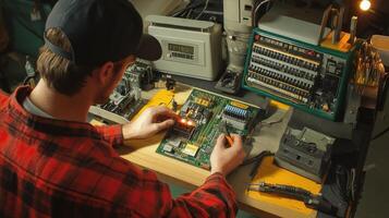 A person repairs a circuit board with tools and equipment in a workshop setting photo