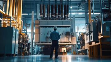 A worker observes advanced machinery in a high-tech industrial facility photo