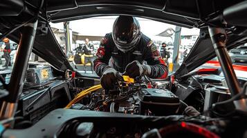A mechanic works on a race car engine in a pit area, preparing for a race photo