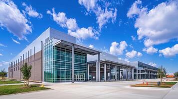 Modern building with large glass windows and a clear blue sky photo