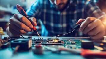 A technician soldering components on a circuit board in a workshop setting photo
