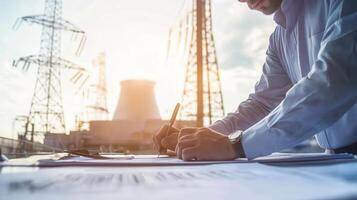 A professional reviewing plans at an industrial site with power lines and cooling towers in the background photo