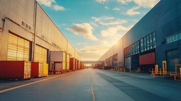 A serene industrial scene with storage containers and buildings under a sunset sky photo