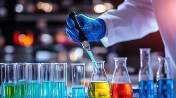 A scientist using a pipette to mix colorful liquids in a laboratory setting photo