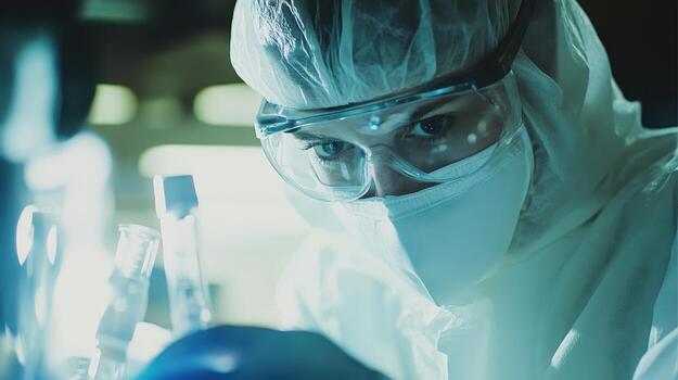 A scientist in protective gear examines test tubes in a laboratory setting photo
