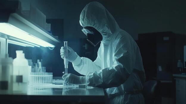 A scientist in protective gear conducts experiments in a dimly lit laboratory photo