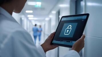 A person in a lab coat holds a tablet displaying a locked padlock icon in a hallway photo