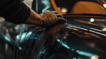 A hand applying a cleaning solution to a car's surface in a workshop photo