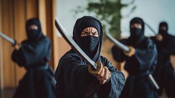A group of ninjas in traditional attire wielding swords in a dynamic martial arts setting photo