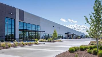 Modern industrial building with large windows and landscaped surroundings photo
