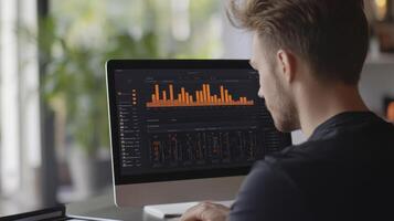 A person analyzing data on a computer screen with graphs and charts photo