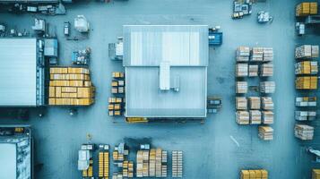 Aerial view of a warehouse surrounded by stacked containers in an industrial area photo