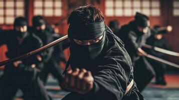 A group of ninjas practicing martial arts with swords in a traditional dojo setting photo