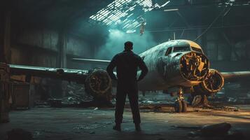 A lone figure stands before a dilapidated airplane in a dimly lit warehouse photo