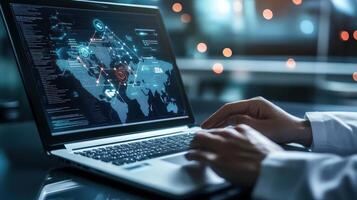 A person analyzing a digital map with data analytics on a laptop screen photo