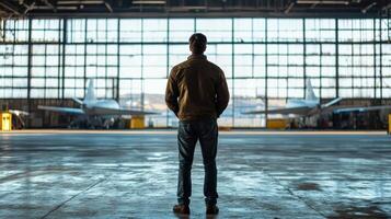 A person stands in an aircraft hangar, gazing out at planes through large windows photo