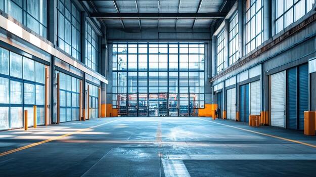 A spacious industrial interior with large windows and open floor space for operations photo
