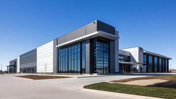 Modern industrial building with large glass windows and a sleek design photo