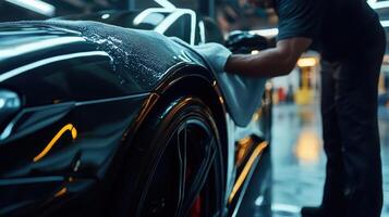 A person detailing a sleek black car in a well-lit automotive workshop photo