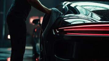 A person is drying a sleek black car with neon lights reflecting on its surface photo