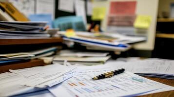 A cluttered desk filled with papers, charts, and a pen, indicating a busy work environment photo