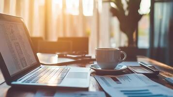 A cozy workspace featuring a laptop, coffee, and documents in warm sunlight photo