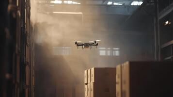 A drone flying in a warehouse, illuminated by beams of light through dust photo