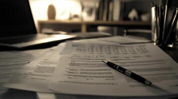 A workspace scene with documents, a pen, and a laptop, suggesting organization and productivity photo