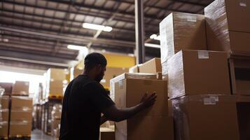 A person organizing boxes in a warehouse, highlighting logistics and storage activities photo