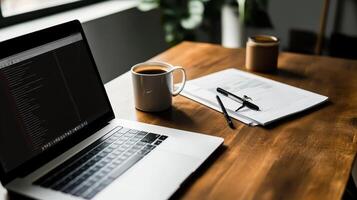A workspace with a laptop, coffee, and documents on a wooden table photo