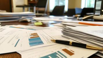 A cluttered workspace with documents, charts, and a pen, indicating business analysis photo