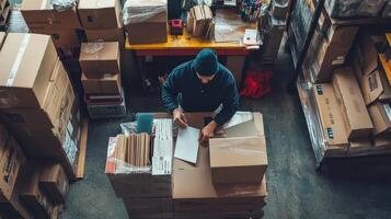 A person organizes and prepares packages in a warehouse setting photo