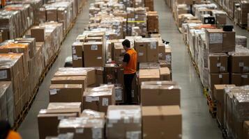 A worker organizes packages in a large warehouse filled with stacked boxes photo