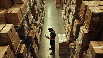A person examines a book among stacks of boxes in a warehouse setting photo